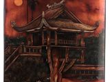 peinture asiatique représentant une pagode avec un arbre au premier plan et une pleine lune en arrière-plan