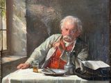 painting of a man sitting at a table reading a book