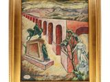 une image représentant un tableau où l'on voit un homme et une femme devant un bâtiment