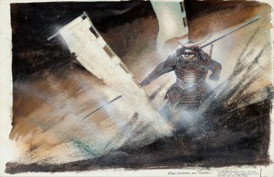 painting of a man in armor holding two swords in a desert