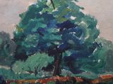 an oil painting of a tree in a field with a blue sky in the background