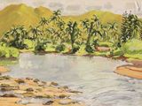 une peinture représentant une rivière avec des palmiers en arrière-plan