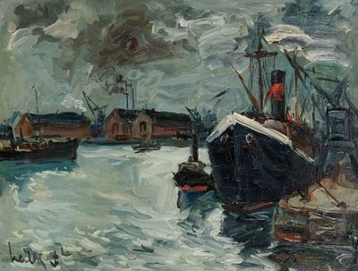 une peinture représentant un bateau dans l'eau près d'un quai