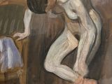 painting of a man bending over in front of a chair