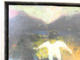 un tableau représentant un homme debout devant une montagne
