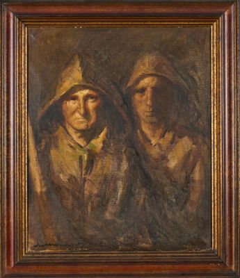 a painting of two men in hoodeds, one wearing a hoodie and the other wearing a hoodie