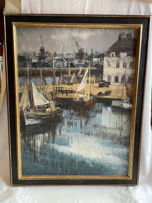 une image d'une peinture de bateaux dans un port