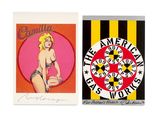 two posters of a woman in a bathing suit and a pinball