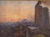 peinture représentant un tableau représentant un paysage urbain avec un bâtiment en arrière-plan