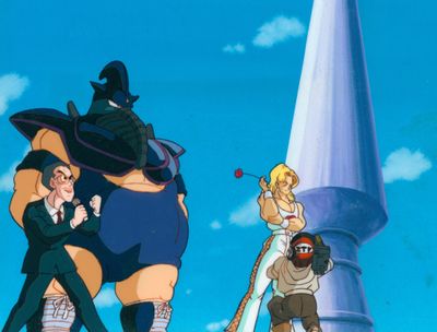 cartoon of a man in a black suit and a woman in a blue dress and a man in a black suit and a woman in a white dress