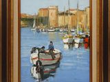 an oil painting of a man in a small boat in a harbor