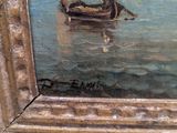 painting of a man in a boat on a river with a castle in the background