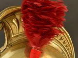 a gold helmet with a red feather on top of it