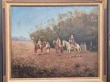une peinture à l'huile représentant un groupe de personnes à cheval dans un champ