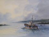 a painting of a boat in the water with other boats in the background