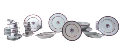 many different types of plates and bowls on this table