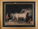 a painting of two horses and a dog in a stable