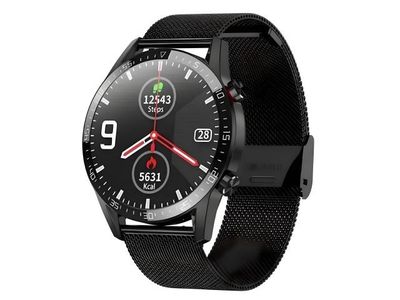 a black smart watch on a white background with a red second hand