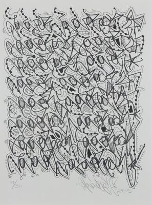 un dessin en noir et blanc représentant un grand nombre de lettres