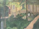 un tableau représentant une église au milieu d'un parc