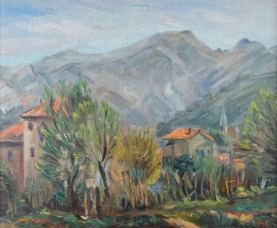 tableau représentant une vue sur une chaîne de montagnes avec une maison au premier plan