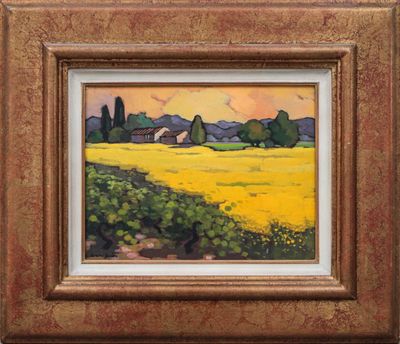 an oil painting of a yellow field with a barn in the distance