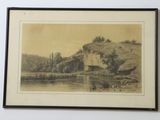 painting of a castle sitting on top of a hill next to a body of water