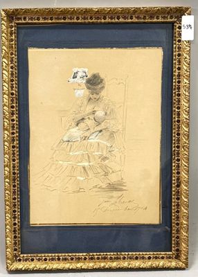 une vieille photo d'une femme assise sur une chaise, avec une fleur dans les cheveux