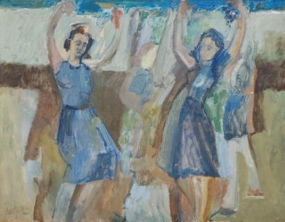 tableau représentant trois femmes en robe bleue tenant un parapluie bleu au-dessus de leur tête