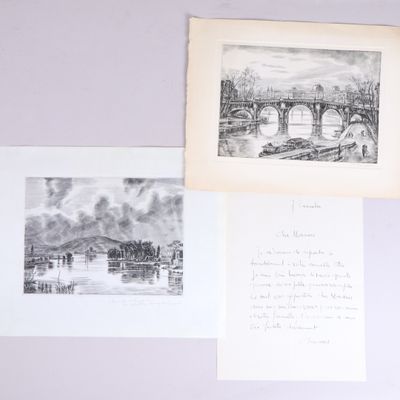deux dessins représentant un pont enjambant un plan d'eau, avec un autre pont en arrière-plan