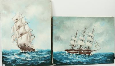 deux tableaux représentant un voilier et un grand voilier en pleine mer