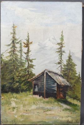 une peinture à l'huile représentant une cabane dans les bois, avec une montagne en arrière-plan