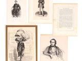 quatre gravures encadrées représentant des hommes en tenue de cérémonie et coiffés d'un chapeau