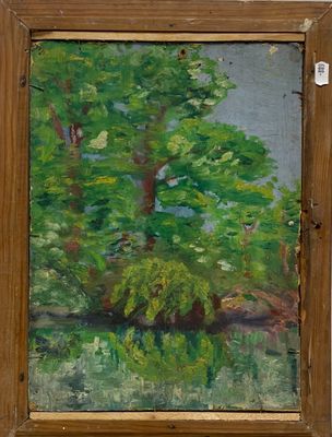 une peinture à l'huile représentant un arbre dans un champ, avec le ciel en arrière-plan