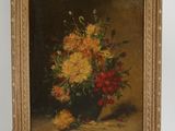 painting of a vase of flowers on a table next to a white wall