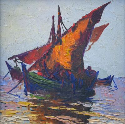 une peinture à l'huile représentant un bateau dans un plan d'eau