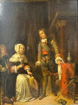un vieux tableau représentant un homme et une femme debout devant un homme