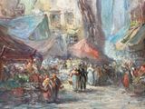 a painting of a street scene with people walking through it
