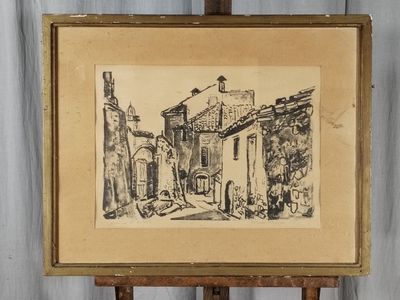 une vieille photo représentant un dessin d'une rue avec des bâtiments