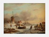 une image représentant un tableau illustrant un paysage hivernal avec un moulin à vent en arrière-plan