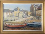 a painting of two boats on the beach next to a building