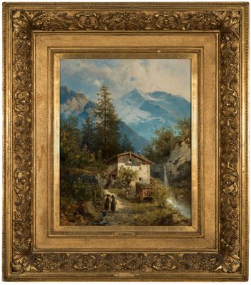 un tableau représentant un paysage de montagne avec une maison et deux vaches