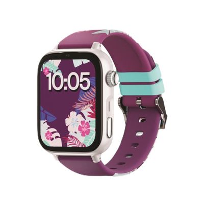 une image d'une Apple Watch violette avec un motif floral sur l'écran
