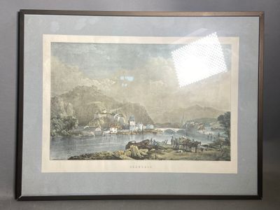 tableau représentant une vue sur une rivière avec un pont au loin