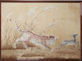 painting of a tiger chasing a deer in a field of tall grass