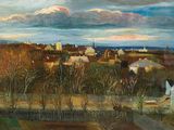 une peinture à l'huile représentant une vue d'une ville depuis une colline