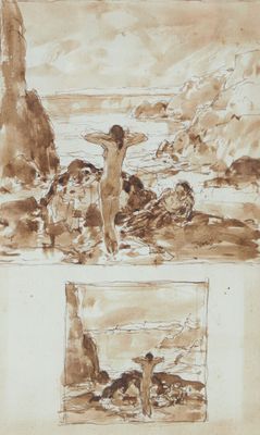 deux dessins représentant un homme et un chien sur une plage