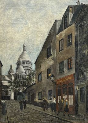 peinture d'une scène de rue avec une église en arrière-plan