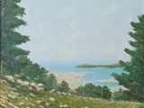 une peinture à l'huile représentant une vue sur l'océan depuis une colline