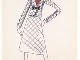 a drawing of a woman in a dress with a red scarf